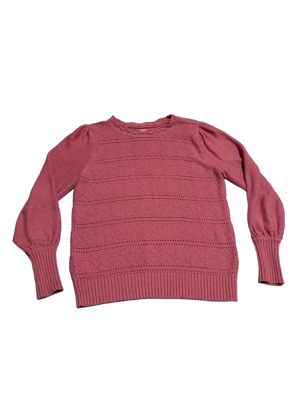 LOFT Dusty Rose Pointelle Crewneck Sweater, puff sleeve, small, 100% cotton
